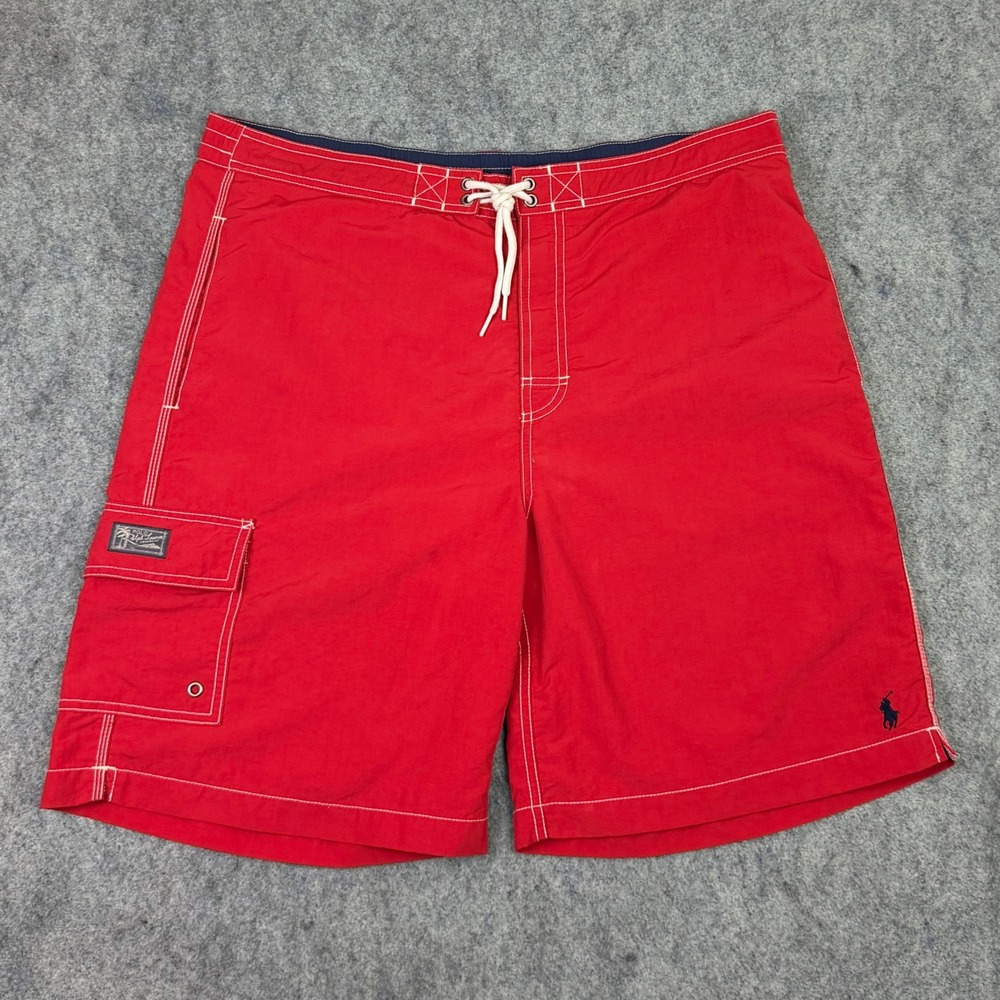 Polo Ralph Lauren Mens Red Swim Trunks Cargo Pocket Mesh Lined Board Shorts L